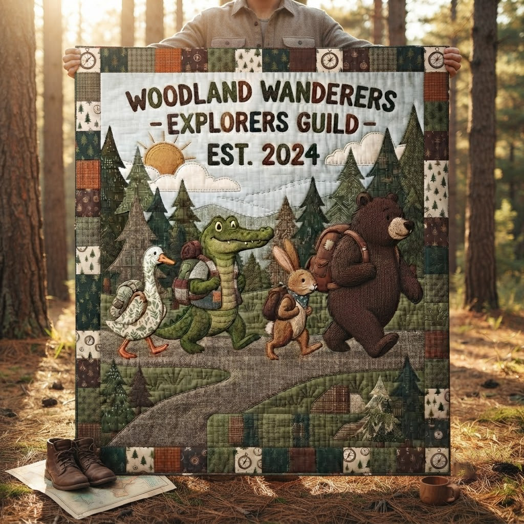 Woodland Wanderers Quilt Blanket, Explorers Guild Throw, Cute Animal Camping Bedspread, Outdoor Nature Lover Gift, Woodland Cabin Decor