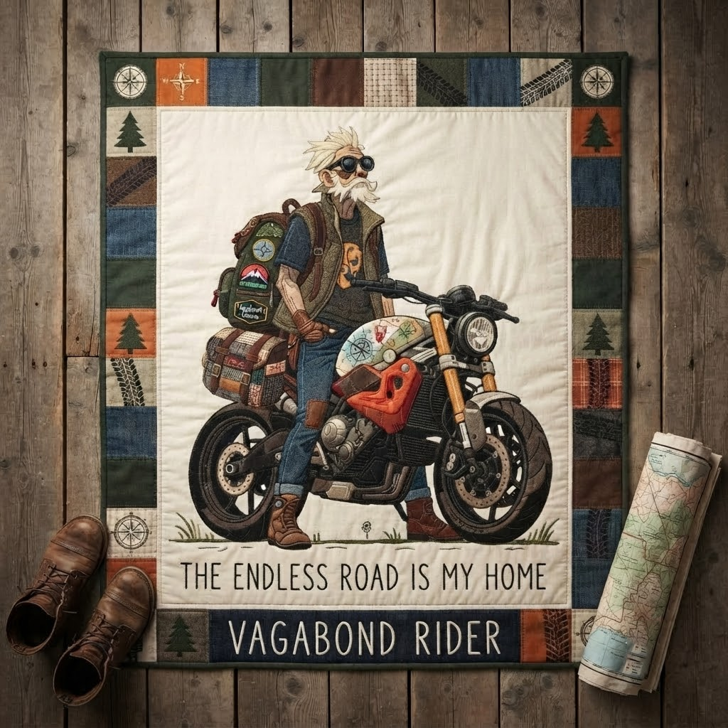 Personalized Vagabond Rider Quilt, The Endless Road Is My Home Blanket, Custom Biker Travel Bedspread, Solo Adventurer Throw Decor, Gift
