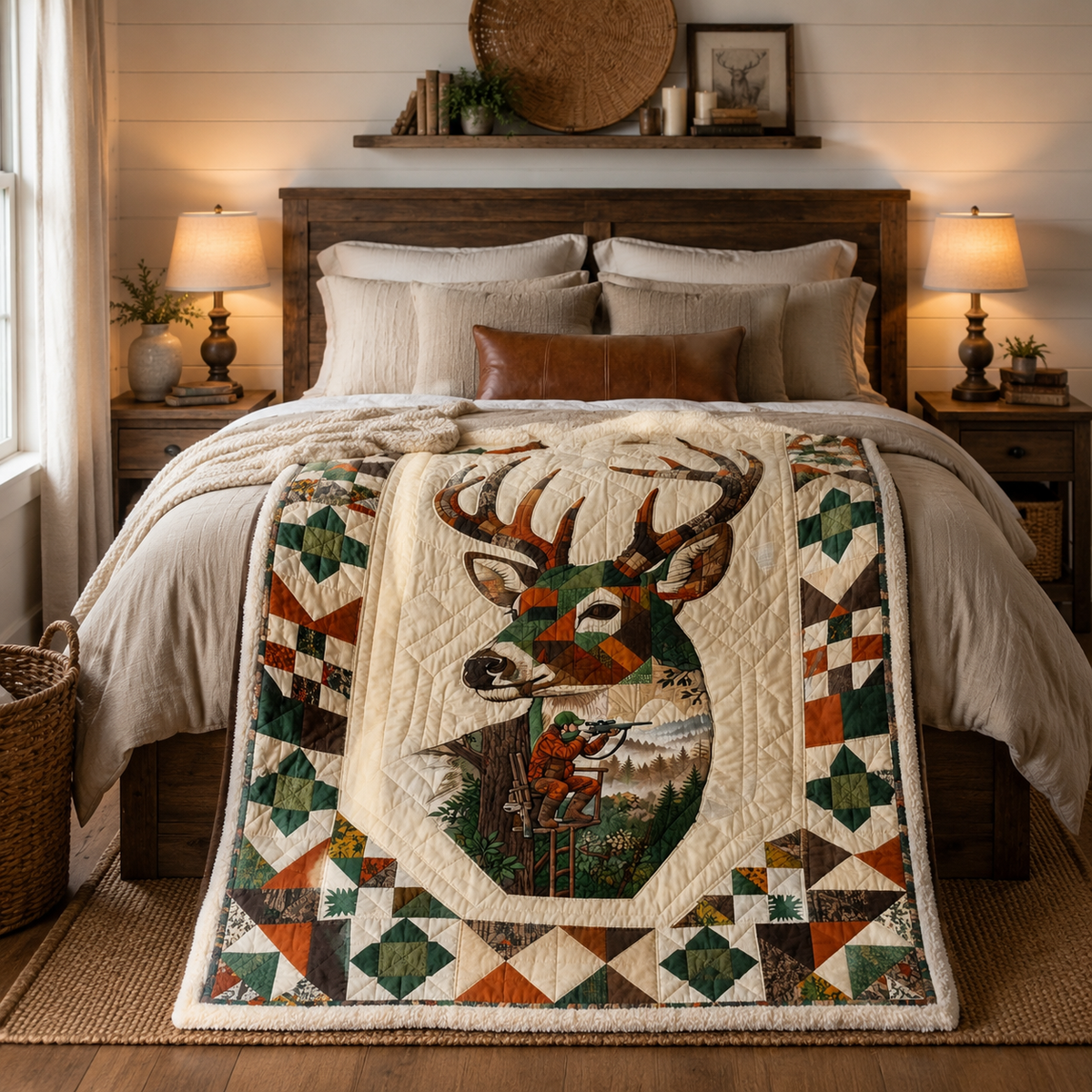 Hunter Deer Quilt Blanket - Hunting Lodge Blanket with Wildlife Mountain Design, Outdoor Adventure Gift