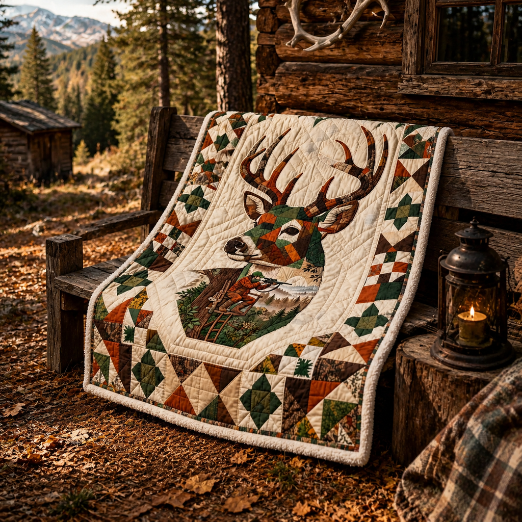 Hunter Deer Quilt Blanket - Hunting Lodge Blanket with Wildlife Mountain Design, Outdoor Adventure Gift