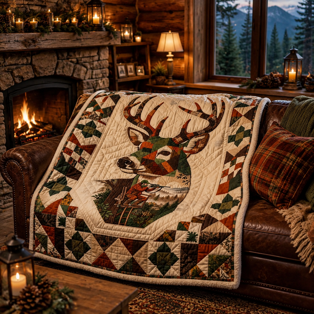 Hunter Deer Quilt Blanket - Hunting Lodge Blanket with Wildlife Mountain Design, Outdoor Adventure Gift
