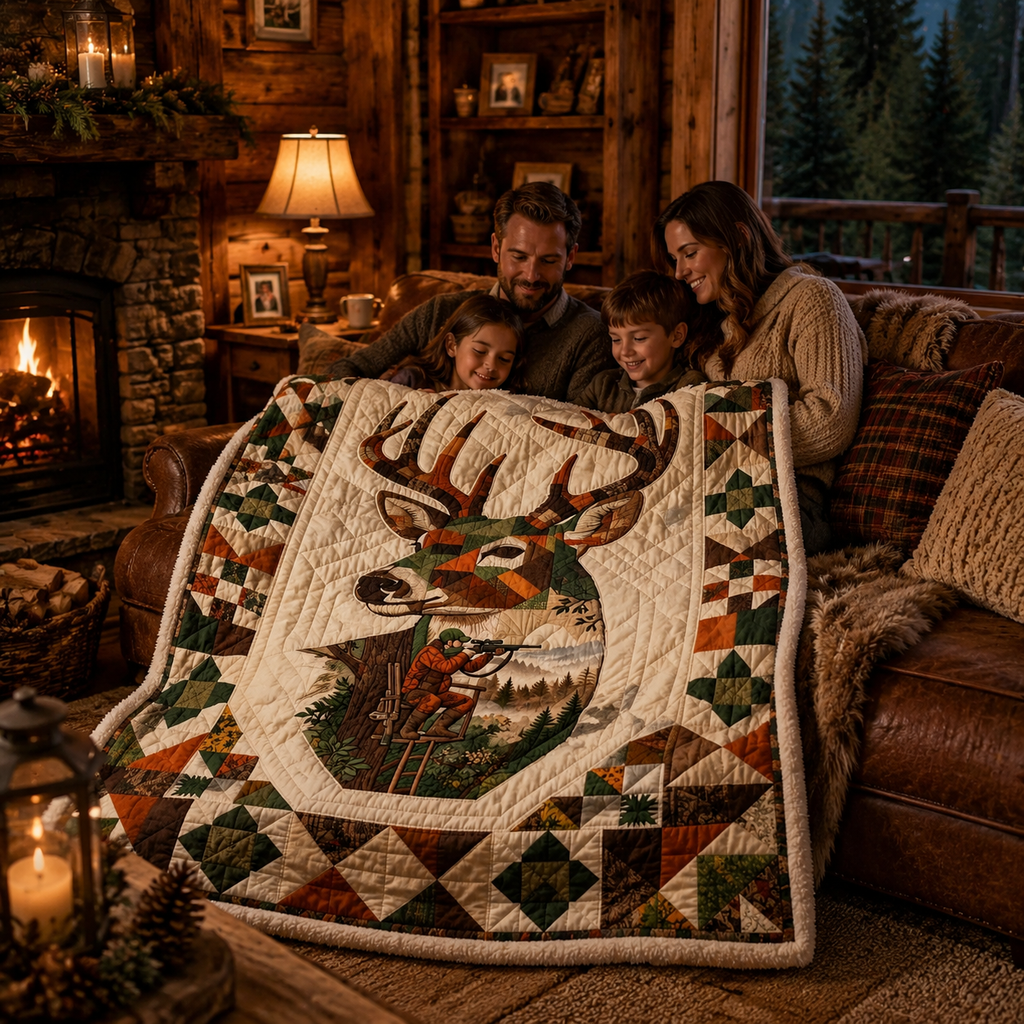 Hunter Deer Quilt Blanket - Hunting Lodge Blanket with Wildlife Mountain Design, Outdoor Adventure Gift