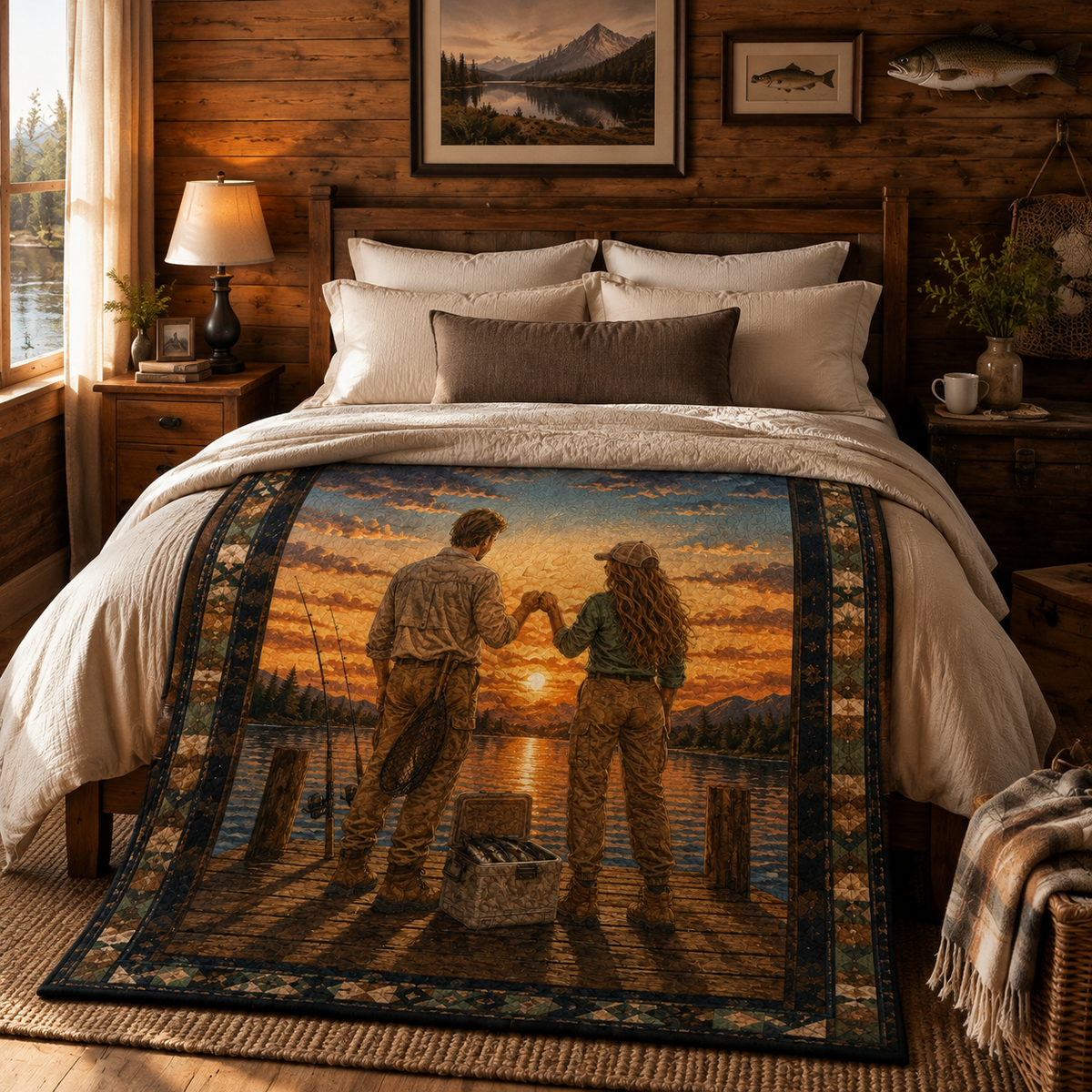 Fishing Lover Quilt Blanket - Lake Fishing Blanket for Anglers, Fisherman Gift, Rustic Outdoor Home Decor
