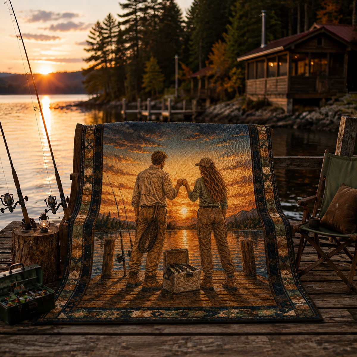 Fishing Lover Quilt Blanket - Lake Fishing Blanket for Anglers, Fisherman Gift, Rustic Outdoor Home Decor