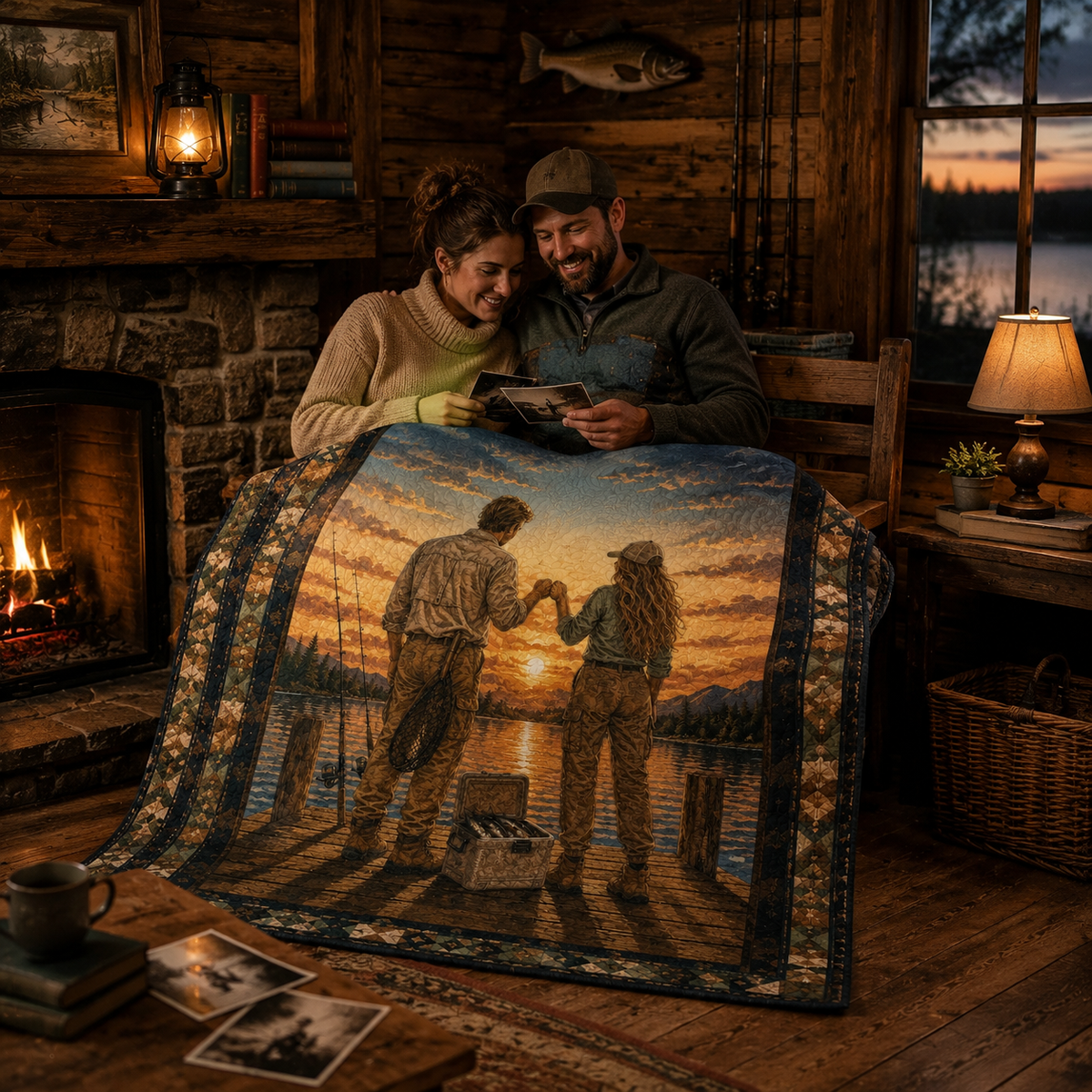 Fishing Lover Quilt Blanket - Lake Fishing Blanket for Anglers, Fisherman Gift, Rustic Outdoor Home Decor