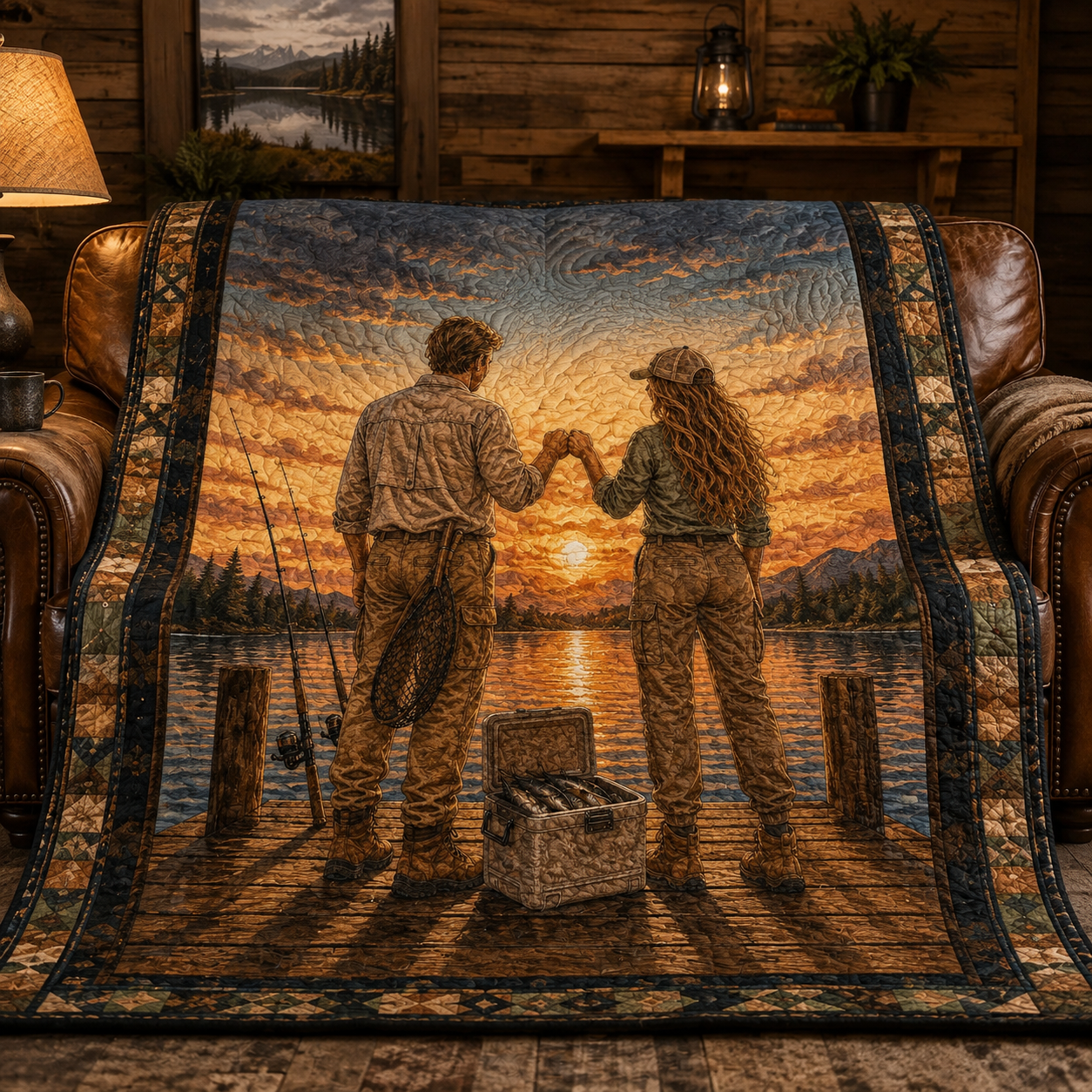 Fishing Lover Quilt Blanket - Lake Fishing Blanket for Anglers, Fisherman Gift, Rustic Outdoor Home Decor
