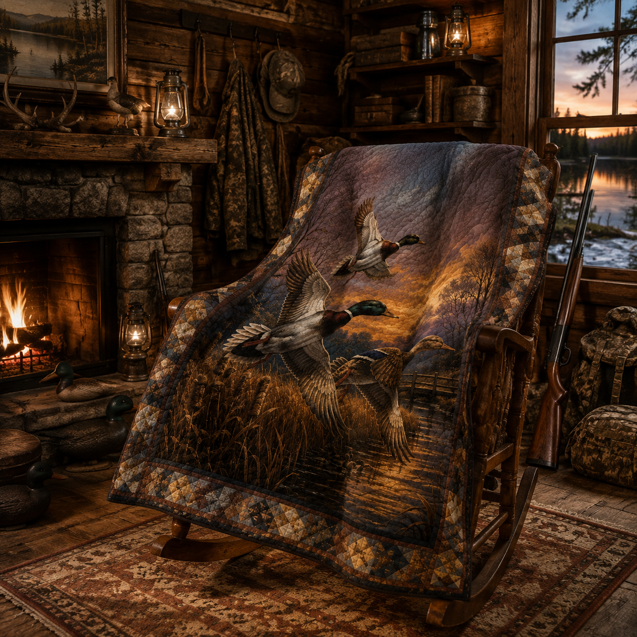 Duck Hunter Quilt Blanket - Waterfowl Hunting Blanket, Outdoor Gift for Hunters, Cabin Throw Decor