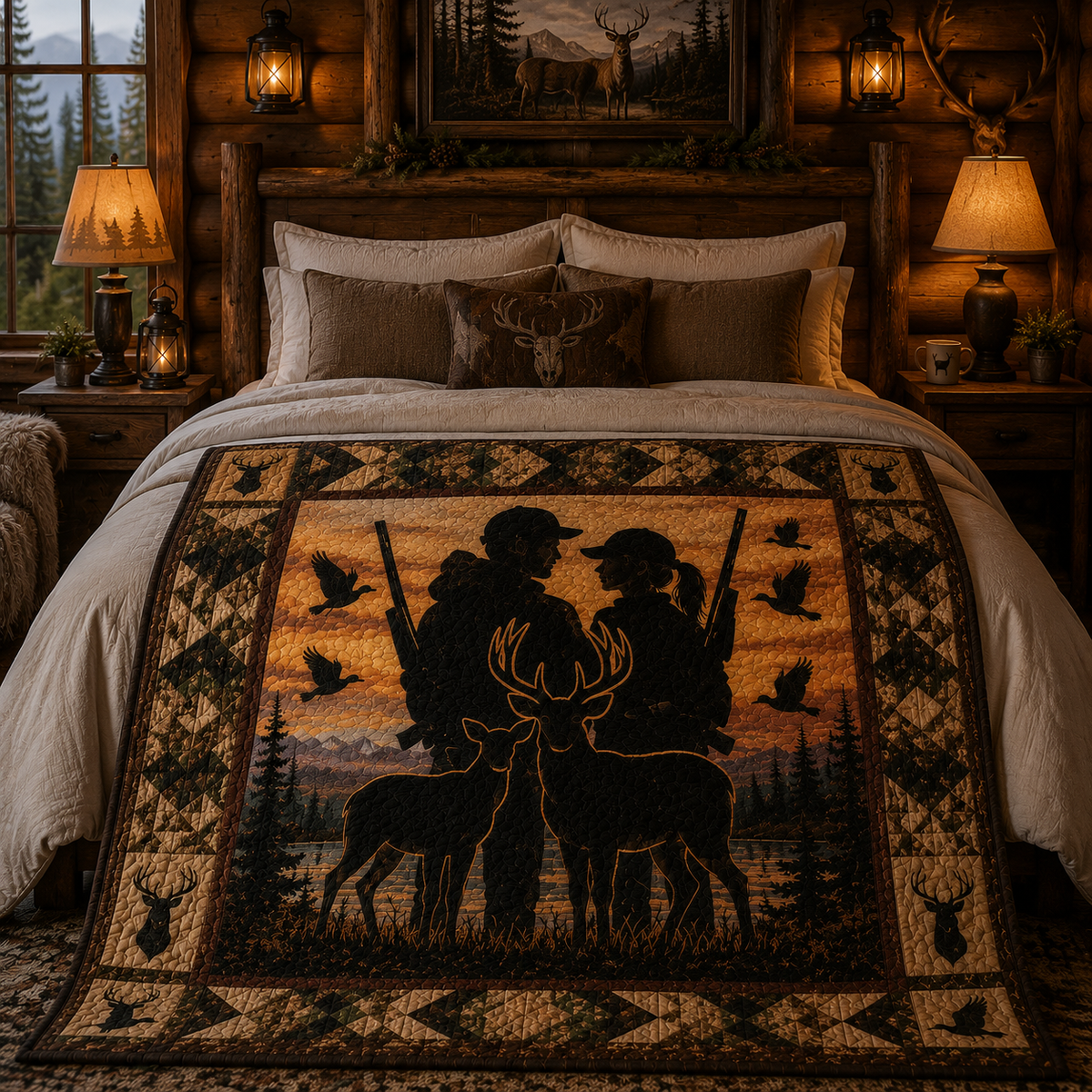 Hunter Couple Quilt Blanket - Deer Hunting Blanket for Outdoor Enthusiasts, Wildlife Cabin Decor