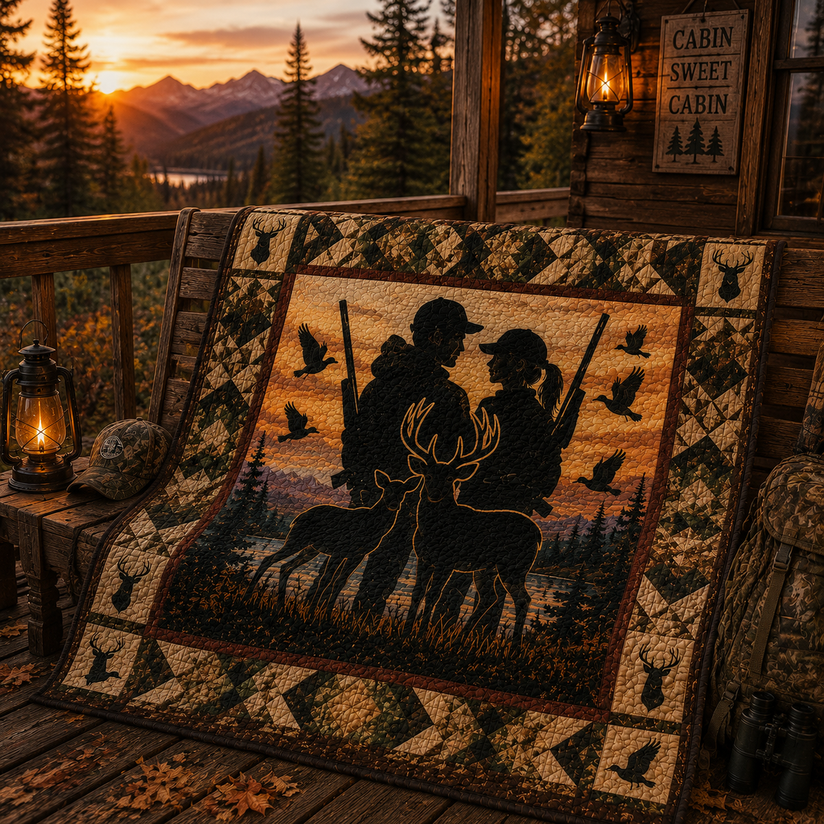 Hunter Couple Quilt Blanket - Deer Hunting Blanket for Outdoor Enthusiasts, Wildlife Cabin Decor