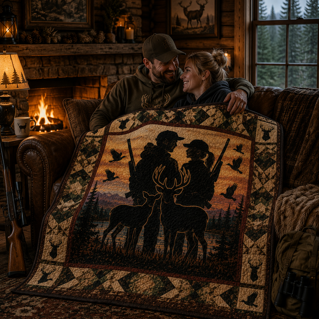 Hunter Couple Quilt Blanket - Deer Hunting Blanket for Outdoor Enthusiasts, Wildlife Cabin Decor