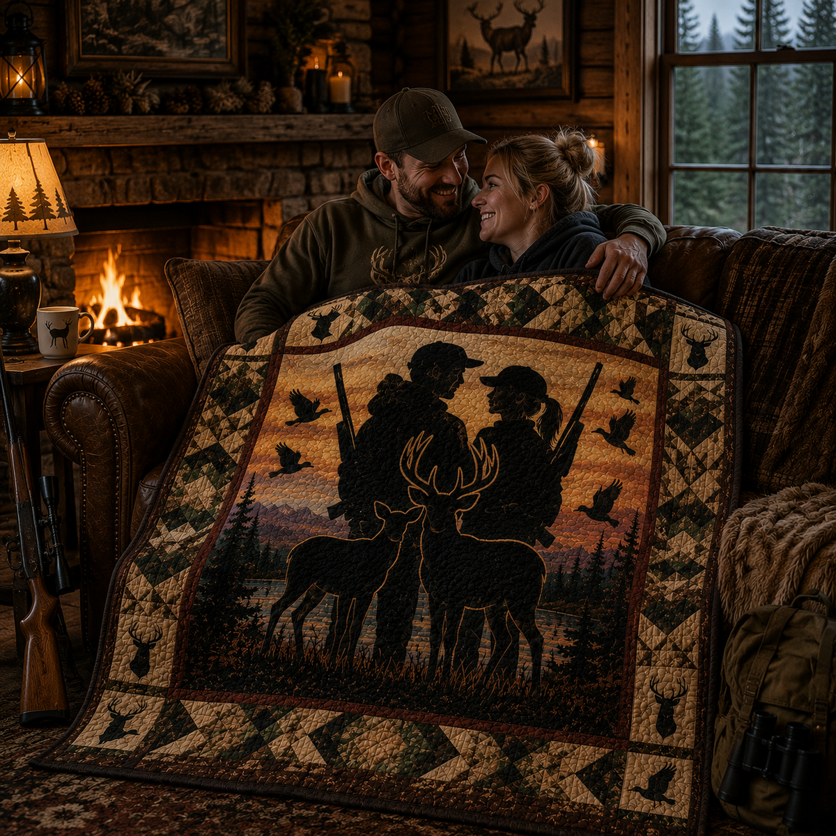 Hunter Couple Quilt Blanket - Deer Hunting Blanket for Outdoor Enthusiasts, Wildlife Cabin Decor