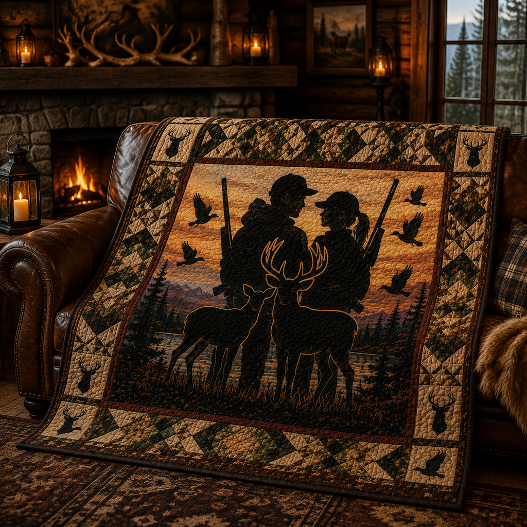 Hunter Couple Quilt Blanket - Deer Hunting Blanket for Outdoor Enthusiasts, Wildlife Cabin Decor