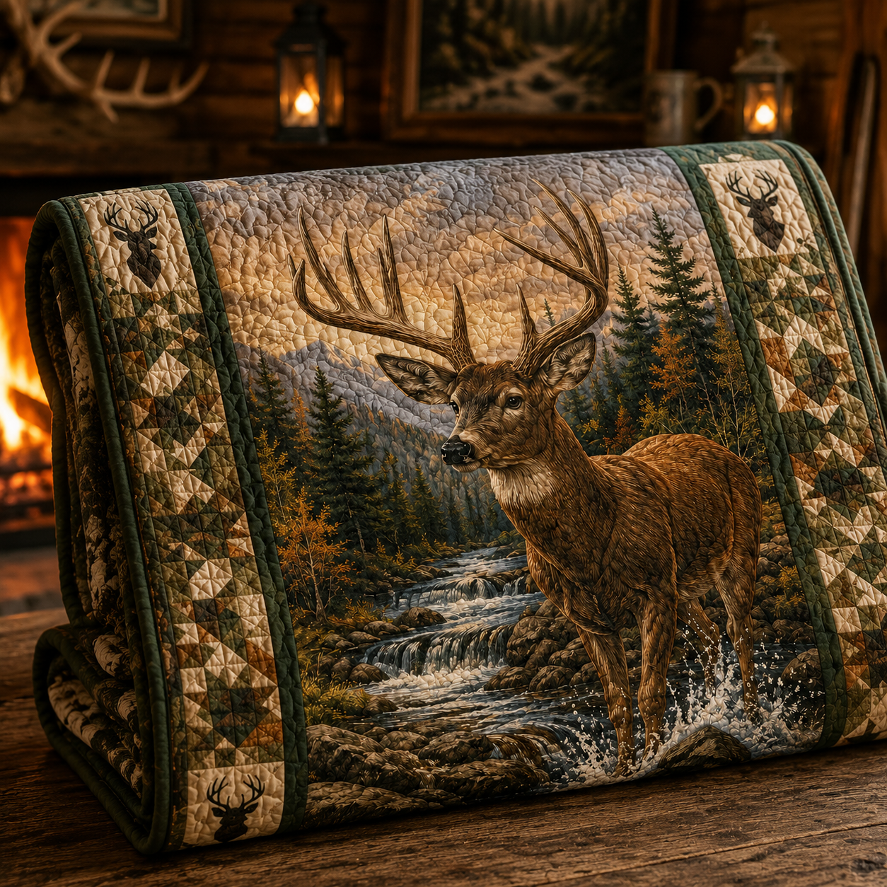 Whitetail Deer Quilt Blanket - Rustic Wildlife Blanket for Hunters, Nature Lovers & Cabin Decor