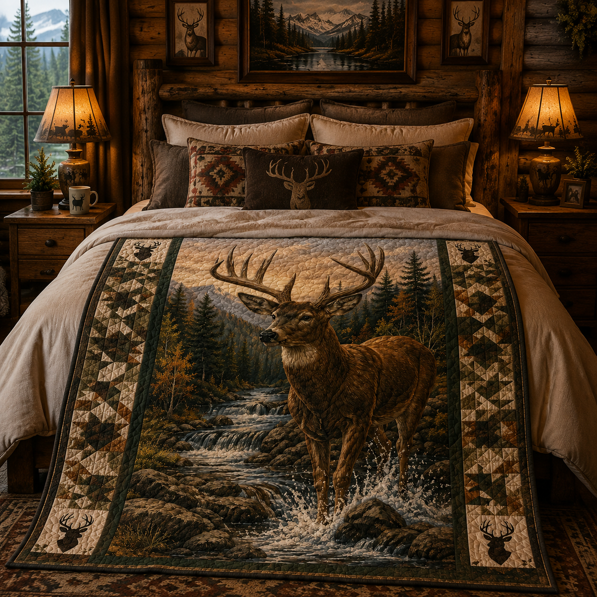 Whitetail Deer Quilt Blanket - Rustic Wildlife Blanket for Hunters, Nature Lovers & Cabin Decor