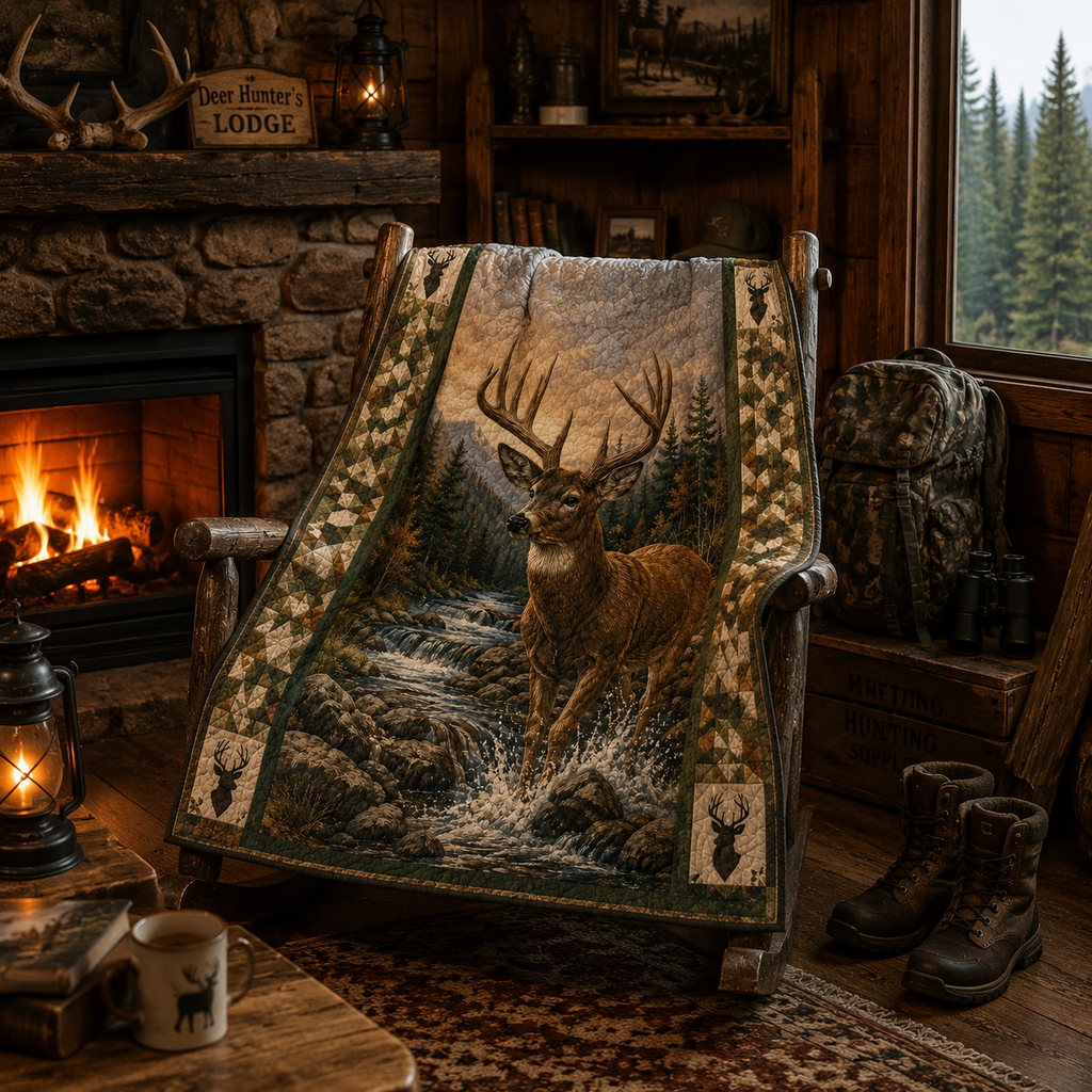 Whitetail Deer Quilt Blanket - Rustic Wildlife Blanket for Hunters, Nature Lovers & Cabin Decor