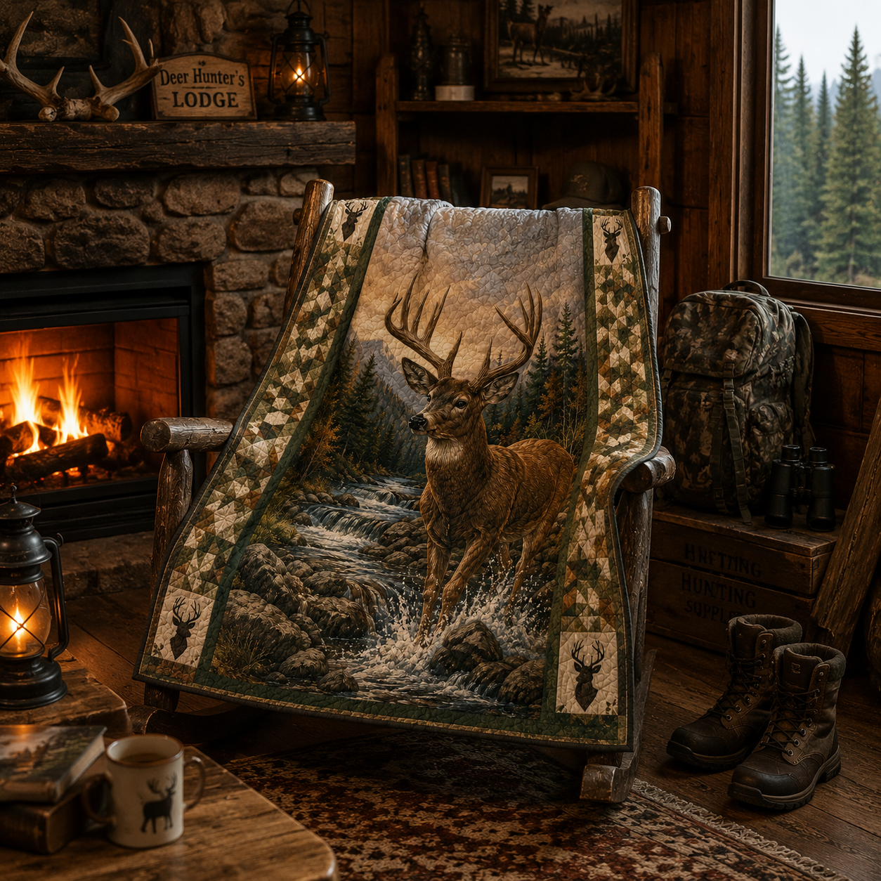 Whitetail Deer Quilt Blanket - Rustic Wildlife Blanket for Hunters, Nature Lovers & Cabin Decor