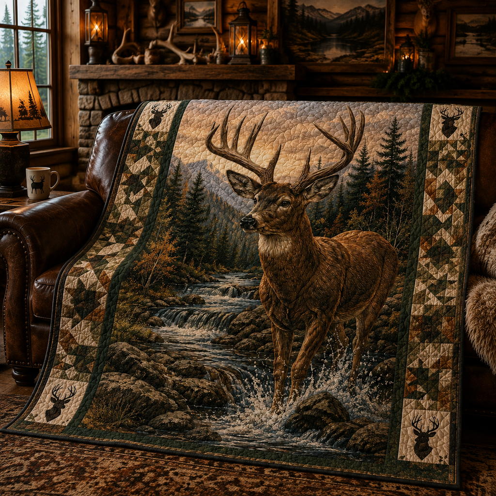 Whitetail Deer Quilt Blanket - Rustic Wildlife Blanket for Hunters, Nature Lovers & Cabin Decor