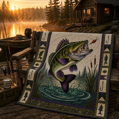 Bass Fishing Quilt Blanket - Largemouth Bass Blanket for Anglers, Fisherman Gift & Rustic Lake Cabin Decor