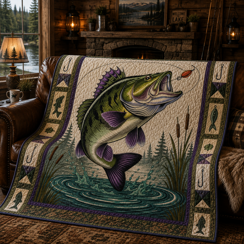 Bass Fishing Quilt Blanket - Largemouth Bass Blanket for Anglers, Fisherman Gift & Rustic Lake Cabin Decor