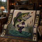 Bass Fishing Quilt Blanket - Largemouth Bass Blanket for Anglers, Fisherman Gift & Rustic Lake Cabin Decor