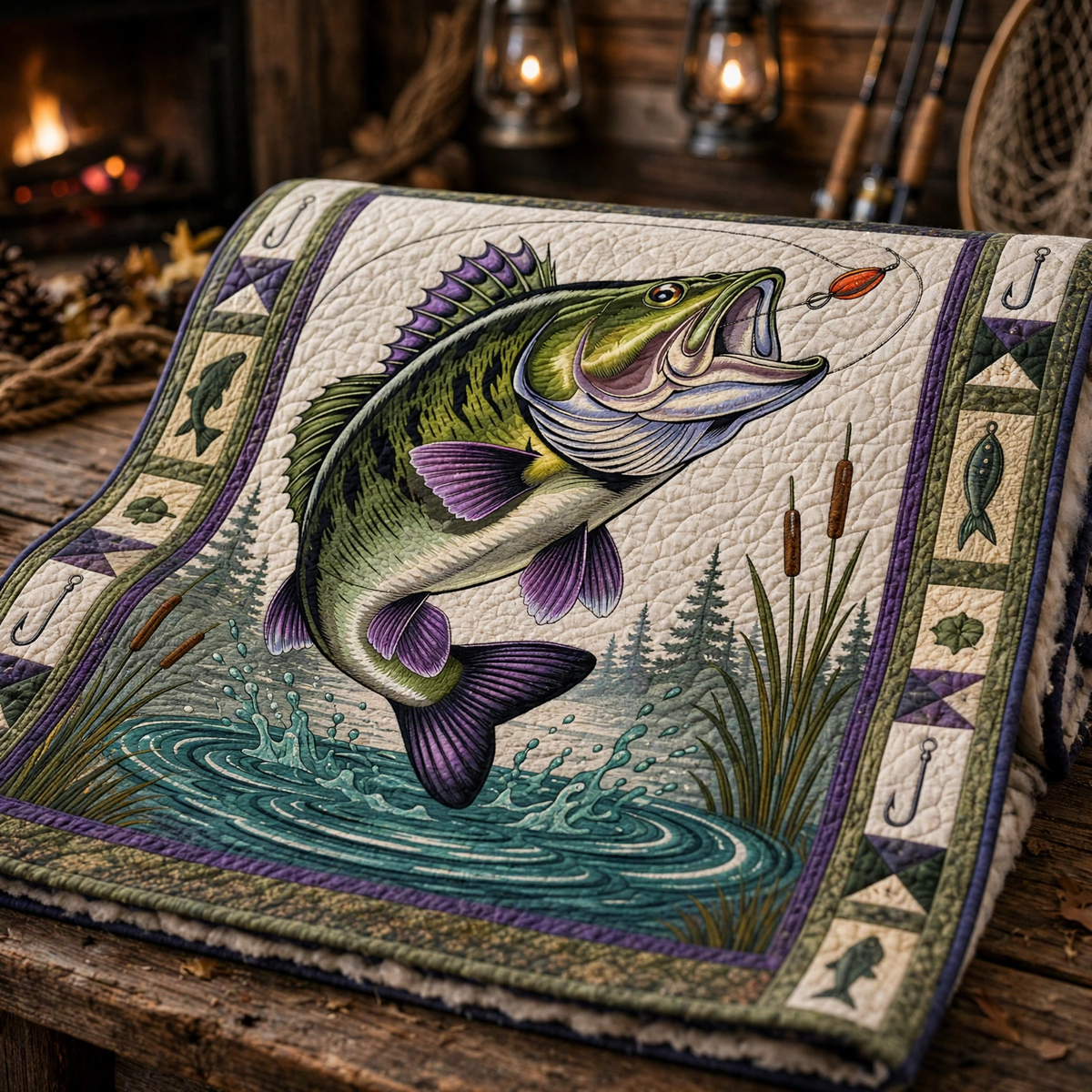 Bass Fishing Quilt Blanket - Largemouth Bass Blanket for Anglers, Fisherman Gift & Rustic Lake Cabin Decor