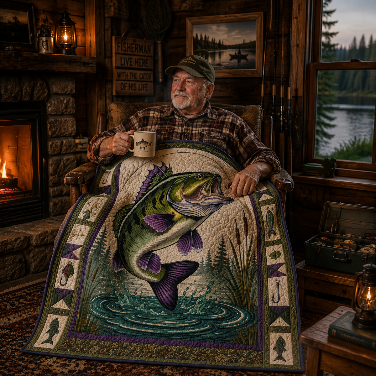 Bass Fishing Quilt Blanket - Largemouth Bass Blanket for Anglers, Fisherman Gift & Rustic Lake Cabin Decor