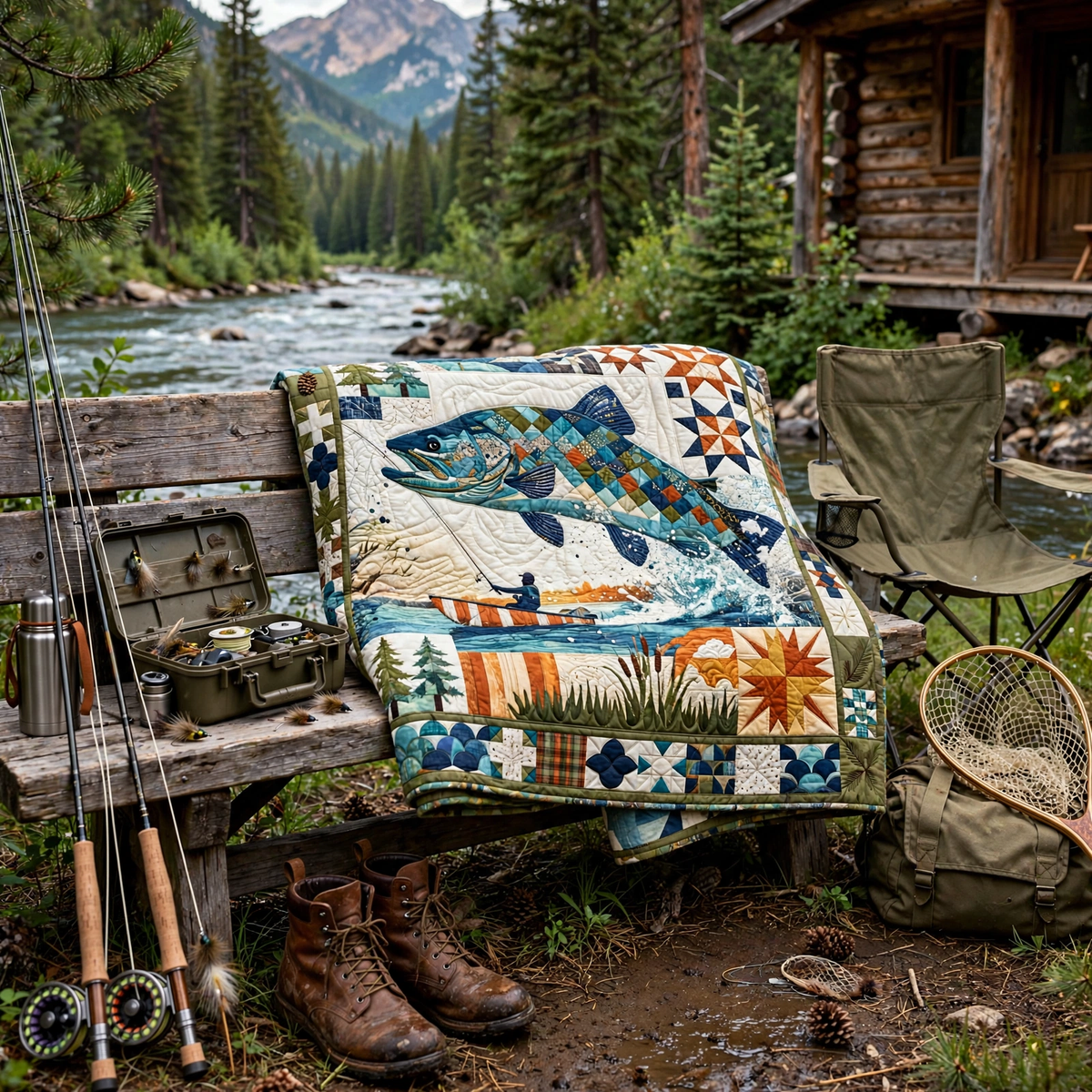 Largemouth Bass Fishing Quilt Blanket - Angler Lake Blanket, Fisherman Gift & Rustic Outdoor Cabin Decor