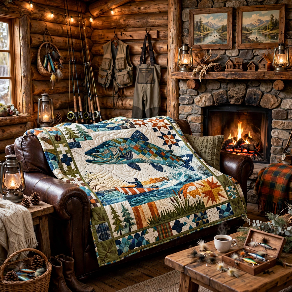 Largemouth Bass Fishing Quilt Blanket - Angler Lake Blanket, Fisherman Gift & Rustic Outdoor Cabin Decor