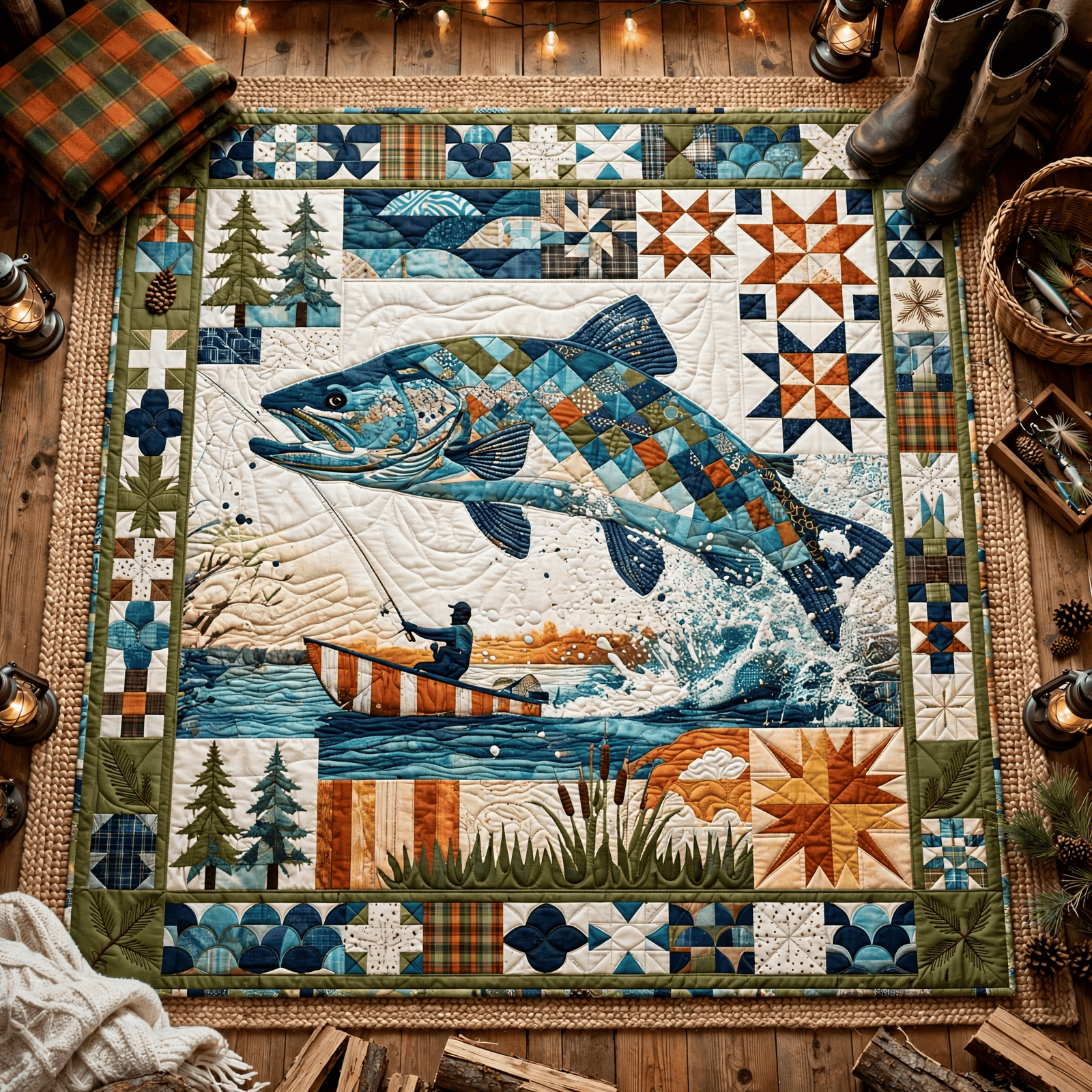Largemouth Bass Fishing Quilt Blanket - Angler Lake Blanket, Fisherman Gift & Rustic Outdoor Cabin Decor