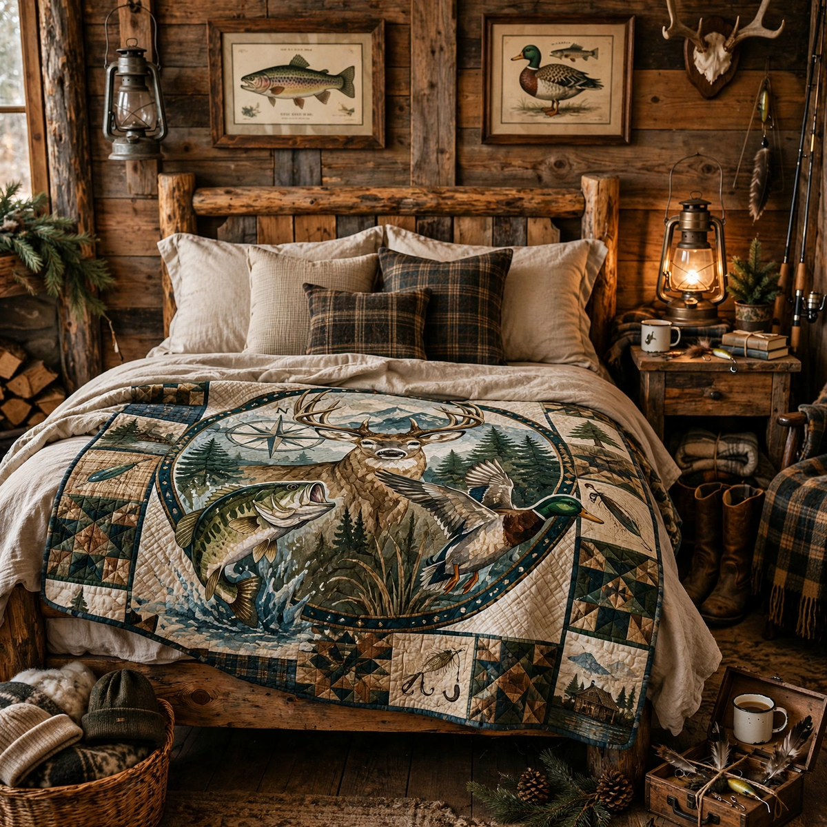 Outdoor Wildlife Quilt Blanket - Deer, Bass Fishing & Duck Hunting Blanket for Hunters, Rustic Cabin Decor & Nature Lover Gift