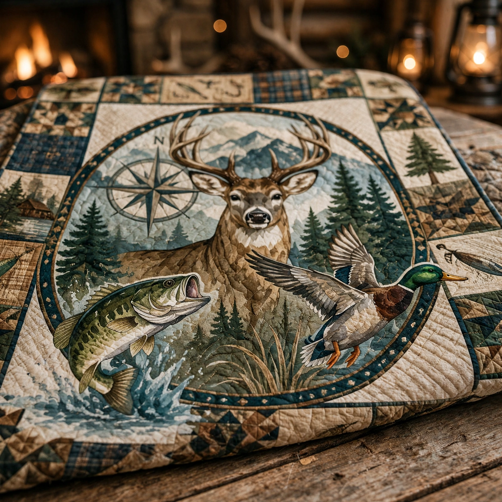Outdoor Wildlife Quilt Blanket - Deer, Bass Fishing & Duck Hunting Blanket for Hunters, Rustic Cabin Decor & Nature Lover Gift