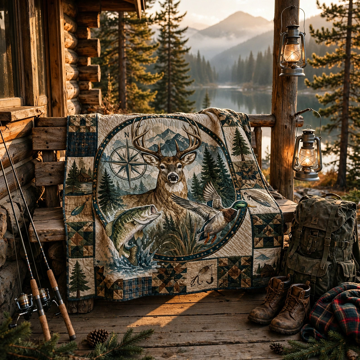 Outdoor Wildlife Quilt Blanket - Deer, Bass Fishing & Duck Hunting Blanket for Hunters, Rustic Cabin Decor & Nature Lover Gift