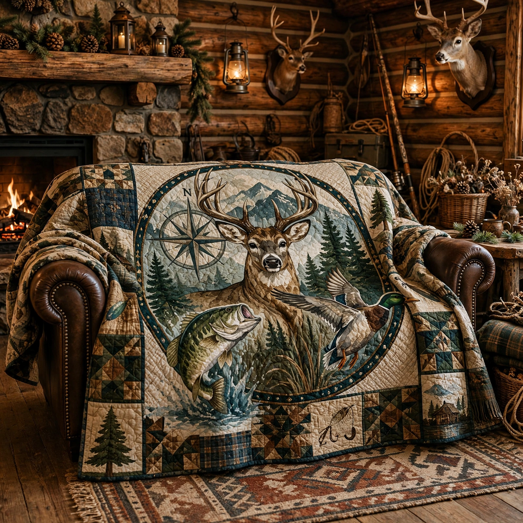 Outdoor Wildlife Quilt Blanket - Deer, Bass Fishing & Duck Hunting Blanket for Hunters, Rustic Cabin Decor & Nature Lover Gift