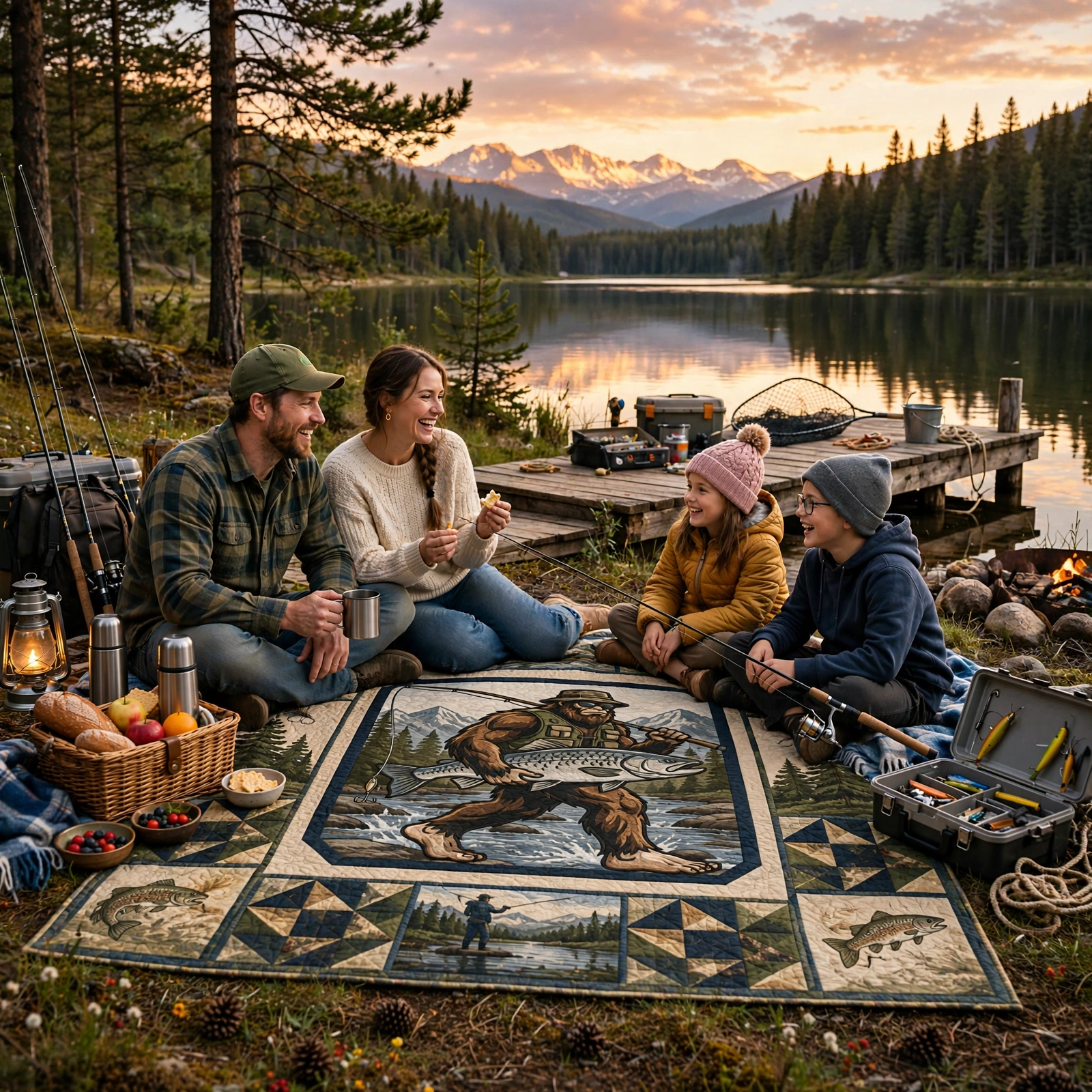 Bigfoot Fishing Quilt Blanket - Sasquatch Fisherman Blanket, Outdoor Adventure Gift & Rustic Cabin Decor