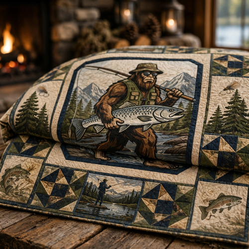 Bigfoot Fishing Quilt Blanket - Sasquatch Fisherman Blanket, Outdoor Adventure Gift & Rustic Cabin Decor