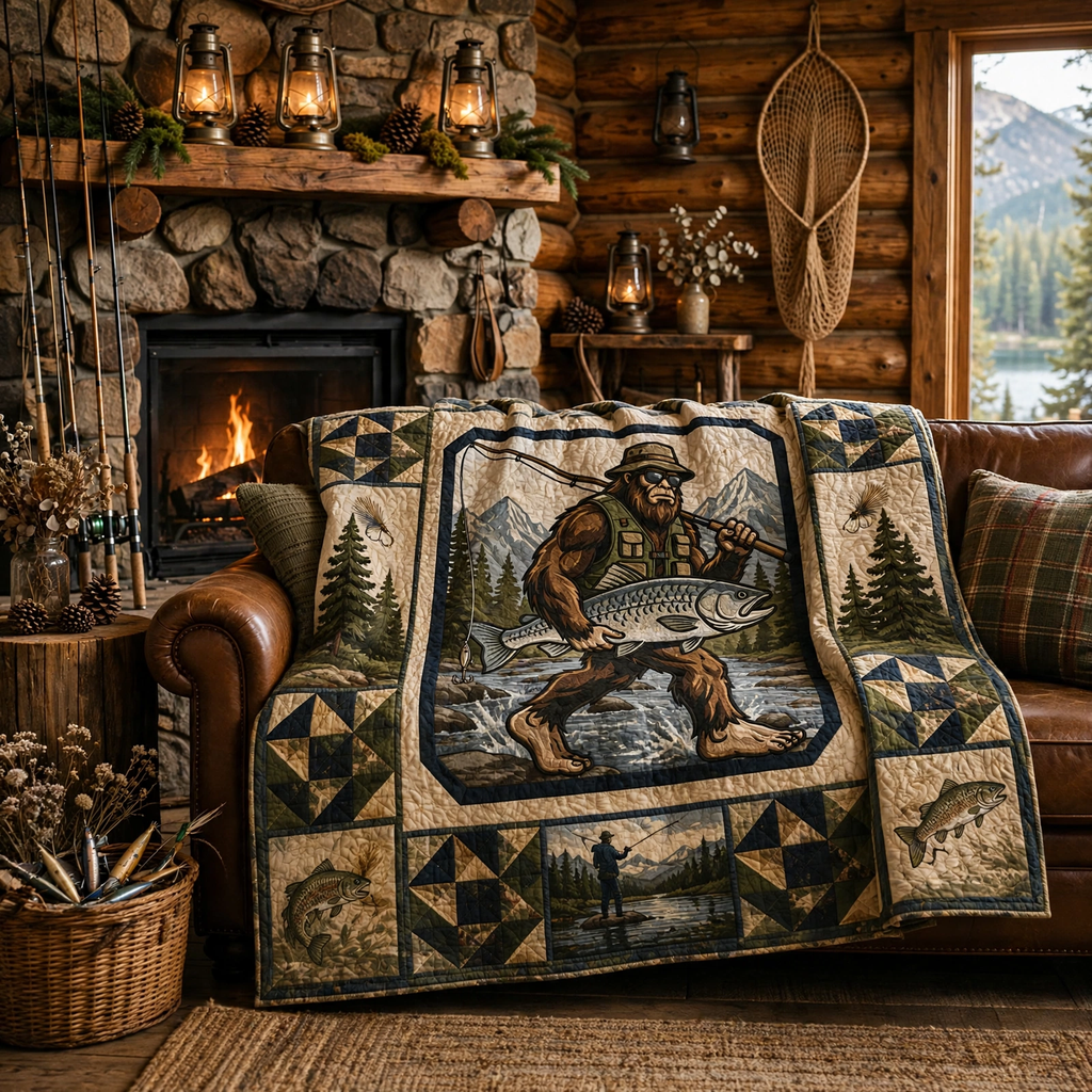 Bigfoot Fishing Quilt Blanket - Sasquatch Fisherman Blanket, Outdoor Adventure Gift & Rustic Cabin Decor