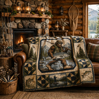 Bigfoot Fishing Quilt Blanket - Sasquatch Fisherman Blanket, Outdoor Adventure Gift & Rustic Cabin Decor