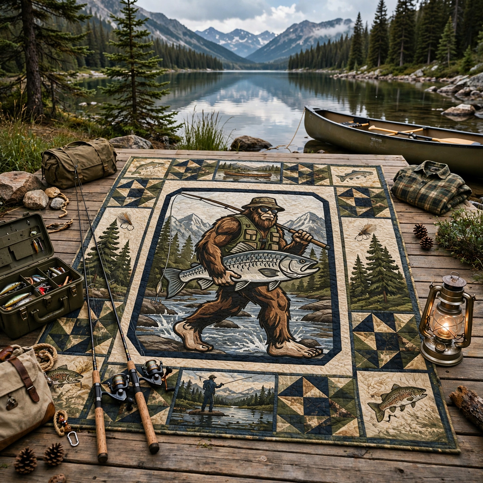 Bigfoot Fishing Quilt Blanket - Sasquatch Fisherman Blanket, Outdoor Adventure Gift & Rustic Cabin Decor