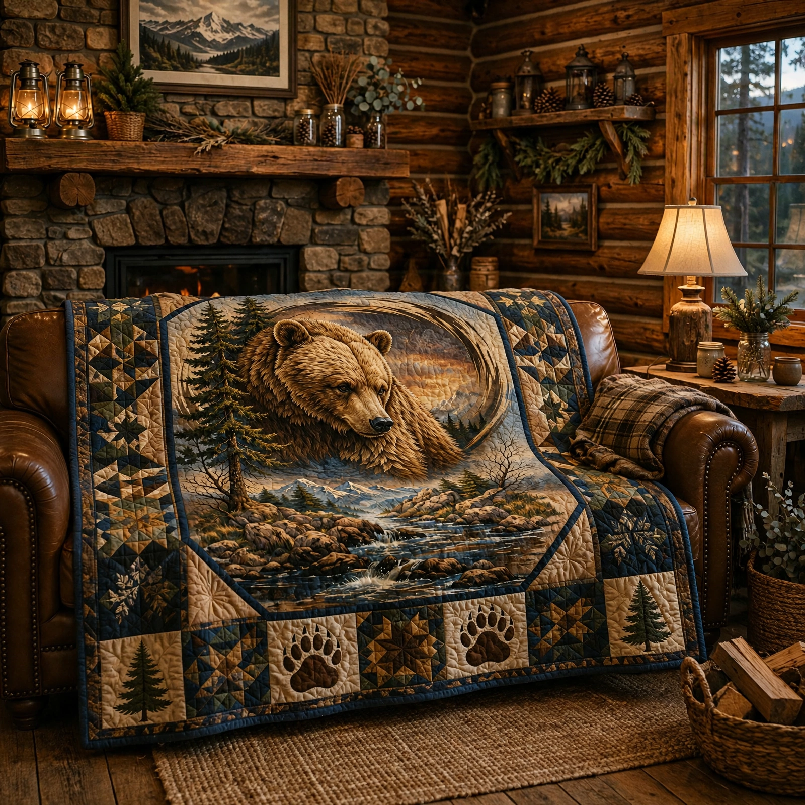 Grizzly Bear Quilt Blanket - Wildlife Forest Blanket for Nature Lovers, Rustic Cabin Decor & Outdoor Gift