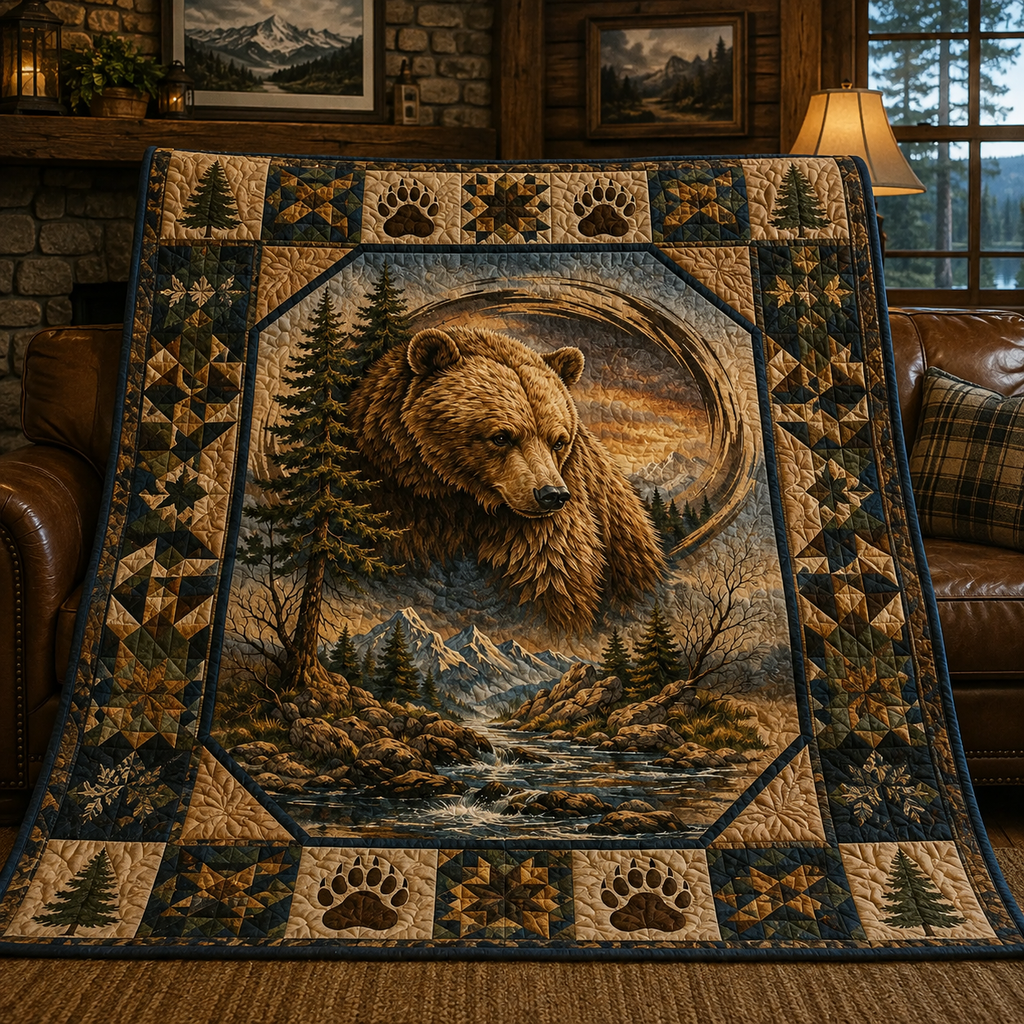 Grizzly Bear Quilt Blanket - Wildlife Forest Blanket for Nature Lovers, Rustic Cabin Decor & Outdoor Gift