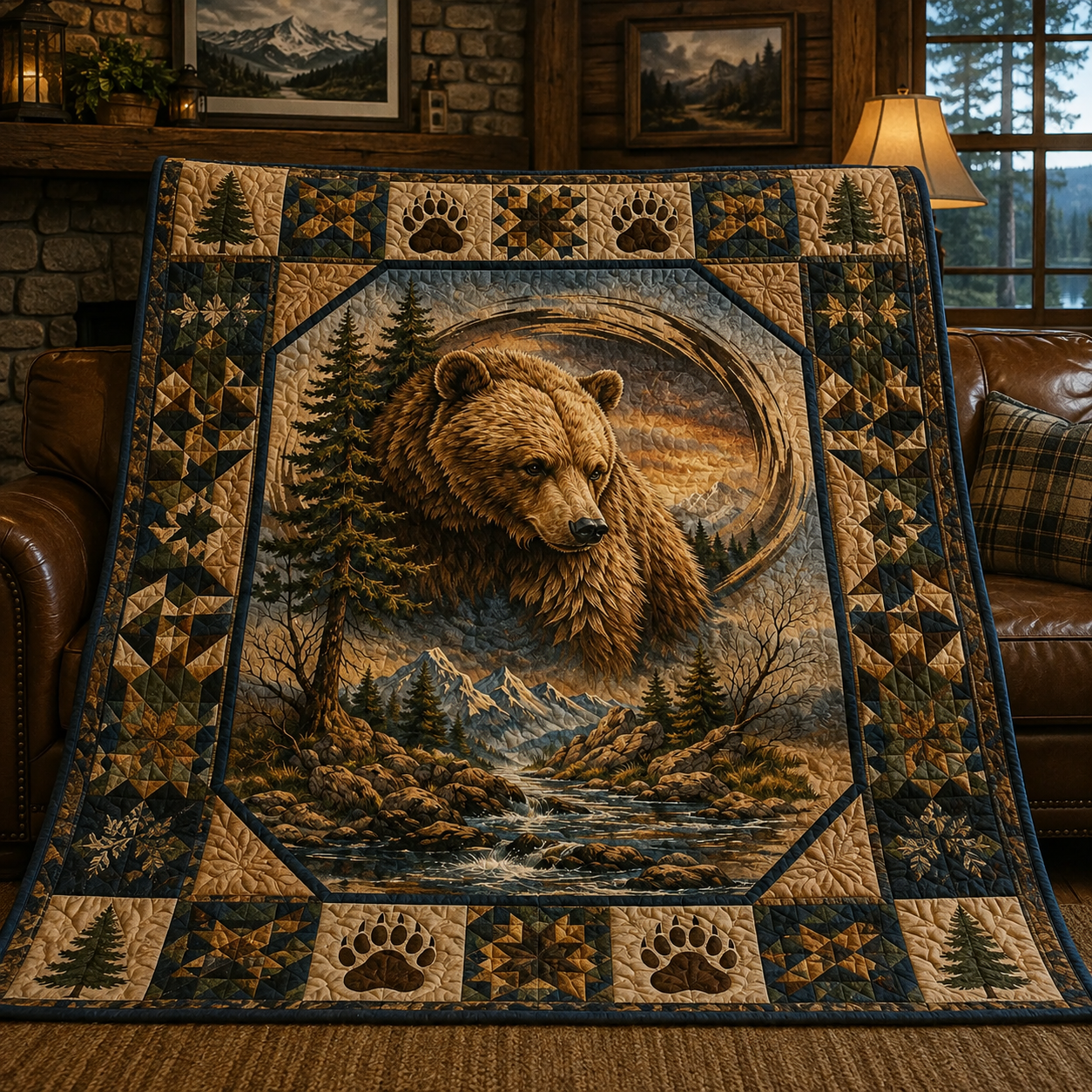 Grizzly Bear Quilt Blanket - Wildlife Forest Blanket for Nature Lovers, Rustic Cabin Decor & Outdoor Gift