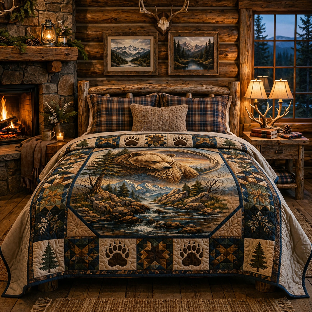 Grizzly Bear Quilt Blanket - Wildlife Forest Blanket for Nature Lovers, Rustic Cabin Decor & Outdoor Gift