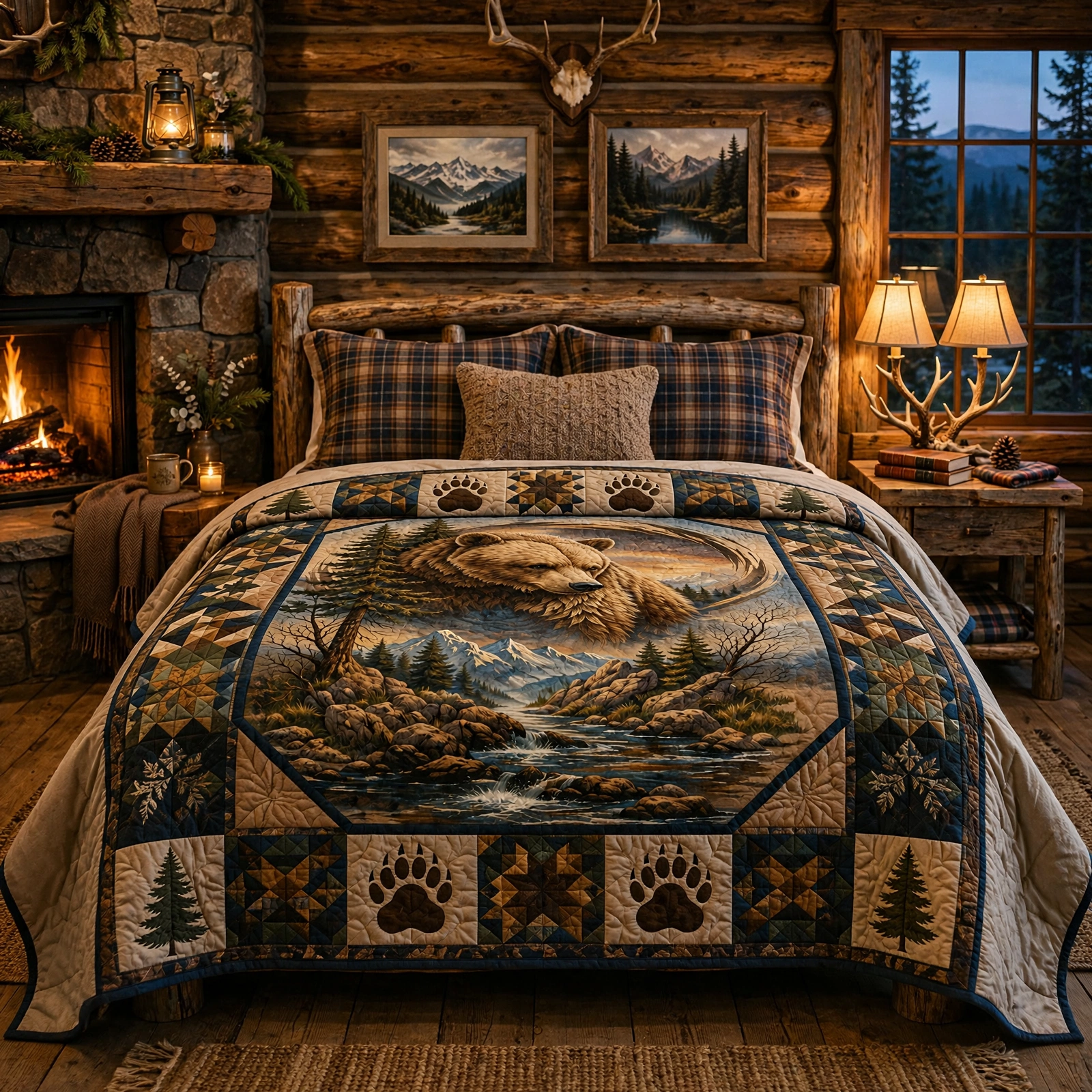 Grizzly Bear Quilt Blanket - Wildlife Forest Blanket for Nature Lovers, Rustic Cabin Decor & Outdoor Gift