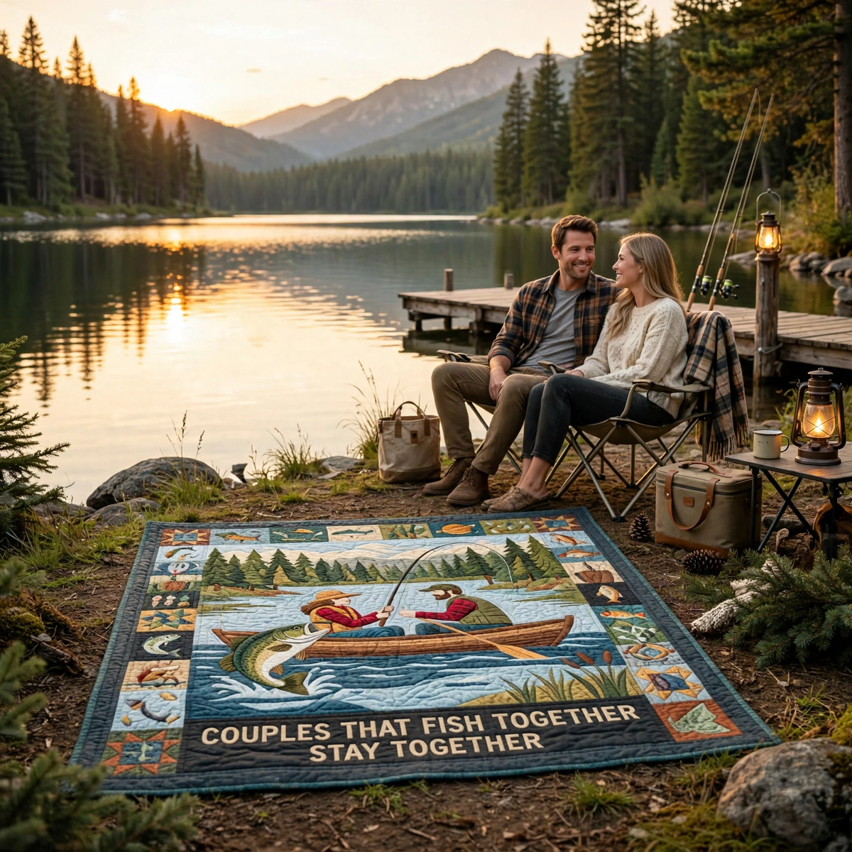 Fishing Couple Quilt Blanket - Couples Fishing Blanket, Romantic Angler Gift & Lake Cabin Outdoor Decor