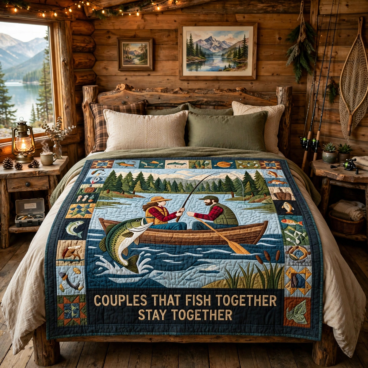 Fishing Couple Quilt Blanket - Couples Fishing Blanket, Romantic Angler Gift & Lake Cabin Outdoor Decor
