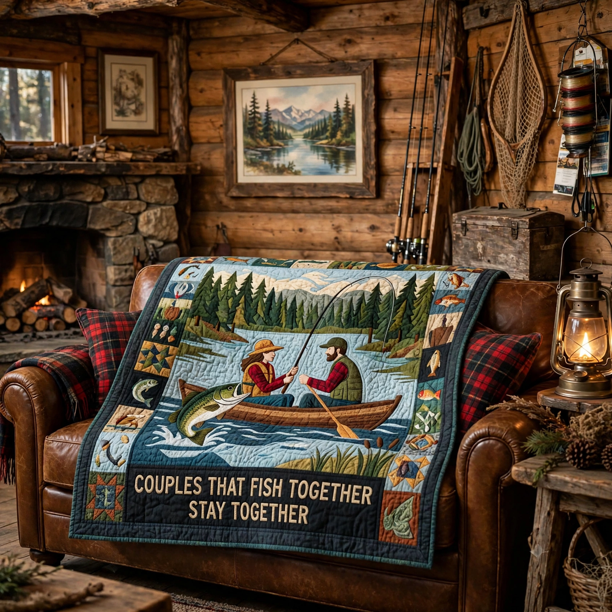 Fishing Couple Quilt Blanket - Couples Fishing Blanket, Romantic Angler Gift & Lake Cabin Outdoor Decor