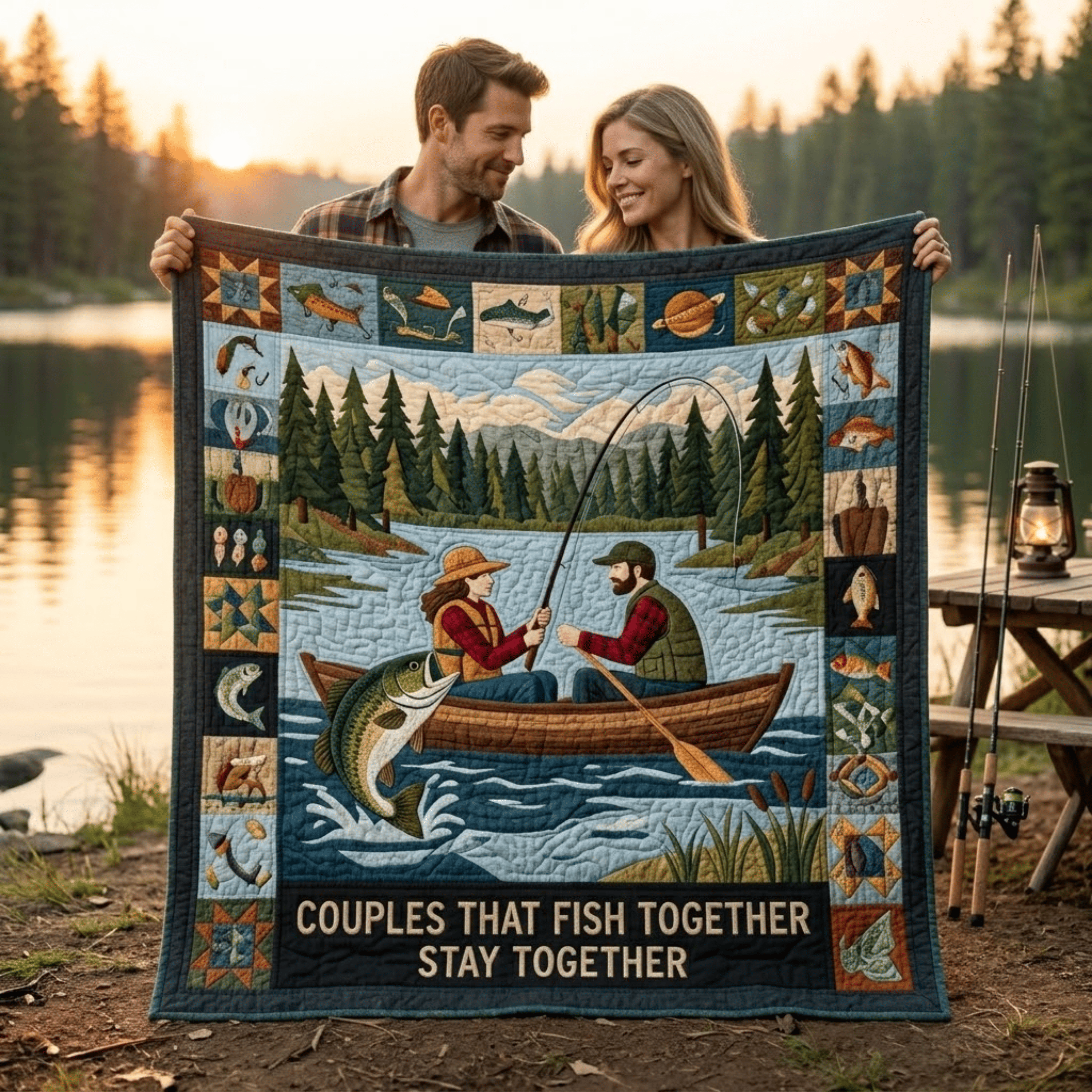 Fishing Couple Quilt Blanket - Couples Fishing Blanket, Romantic Angler Gift & Lake Cabin Outdoor Decor