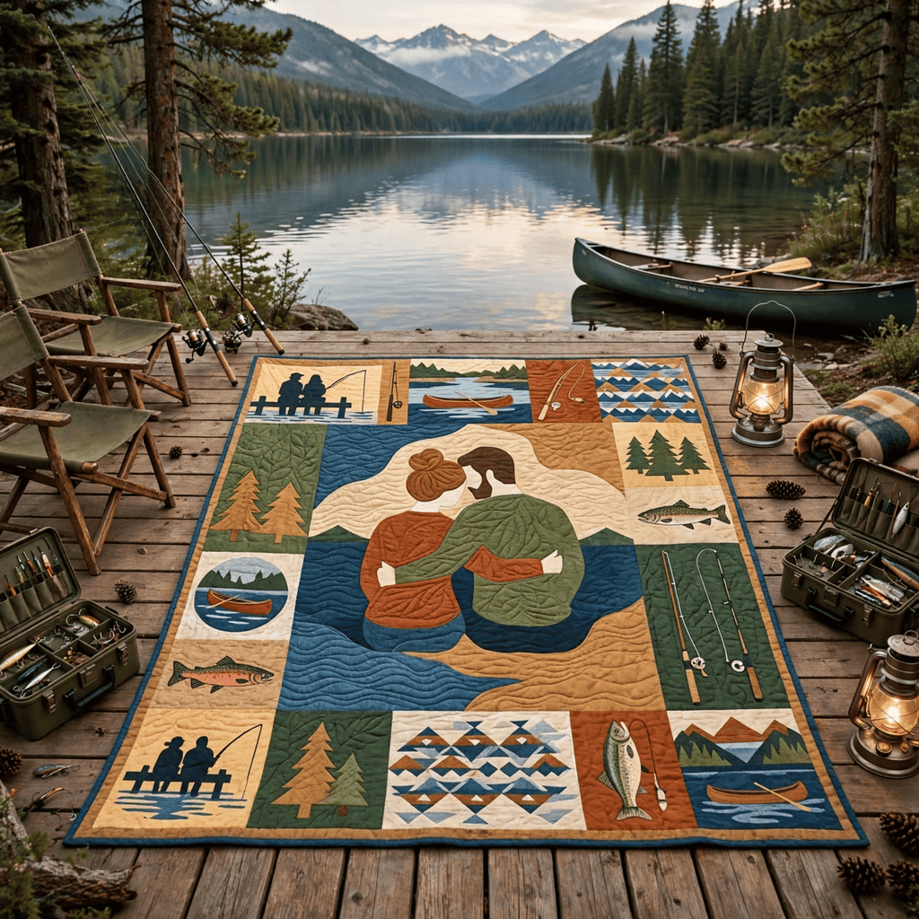 Fishing Couple Quilt Blanket - Romantic Fishing Blanket, Couples Angler Gift & Rustic Lake Cabin Decor