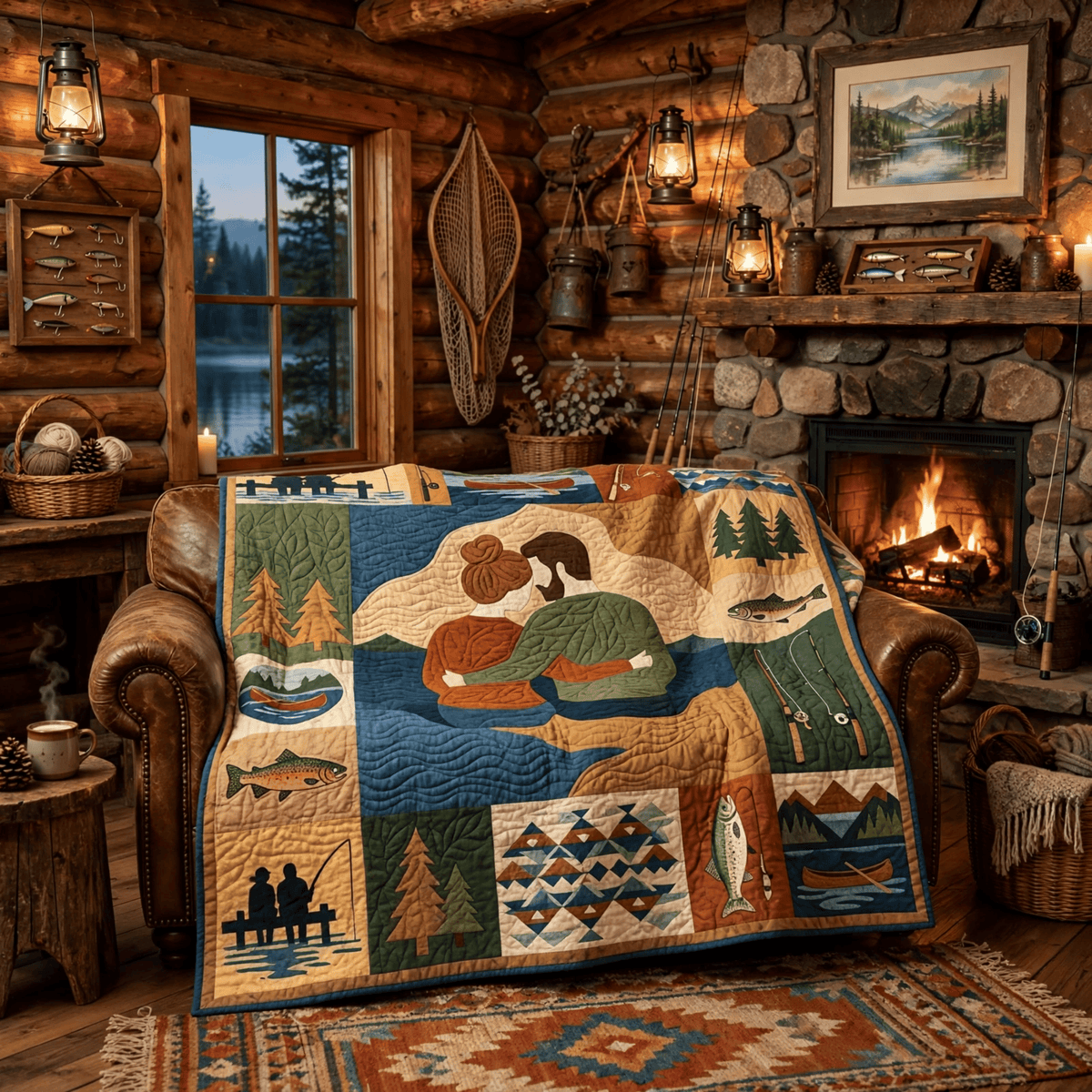 Fishing Couple Quilt Blanket - Romantic Fishing Blanket, Couples Angler Gift & Rustic Lake Cabin Decor