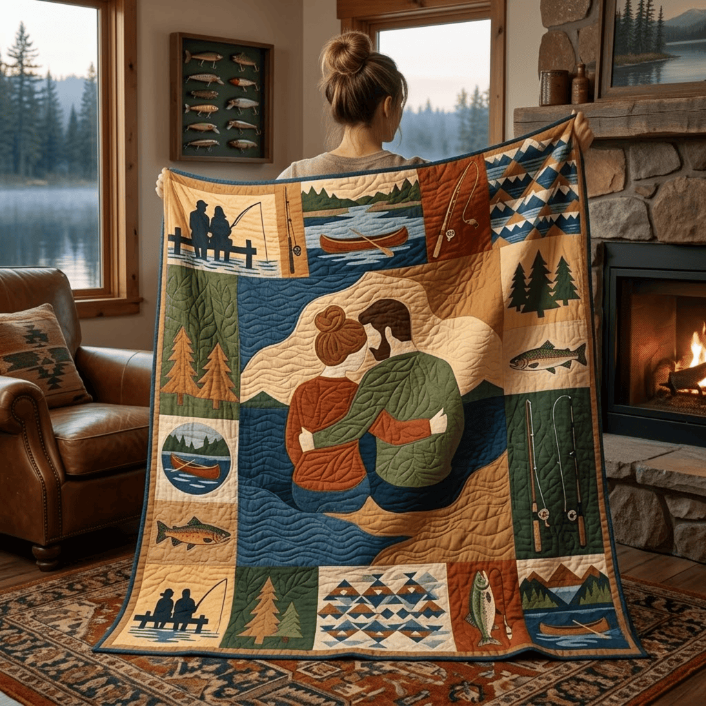 Fishing Couple Quilt Blanket - Romantic Fishing Blanket, Couples Angler Gift & Rustic Lake Cabin Decor